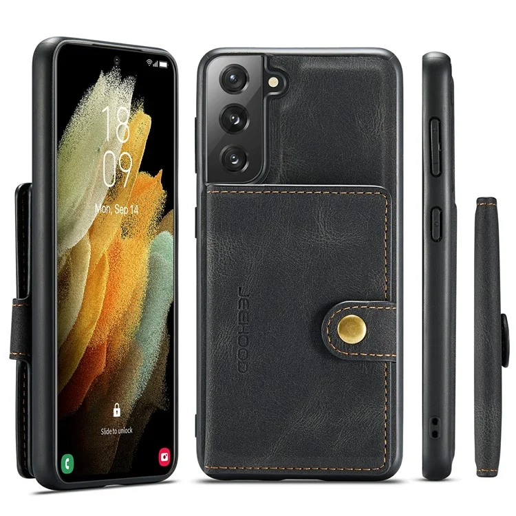 JEEHOOD Carteira Magnética Design Destacável 2 em 1 Revestida de Couro TPU Case para Samsung Galaxy S21 4G/5G - Preto