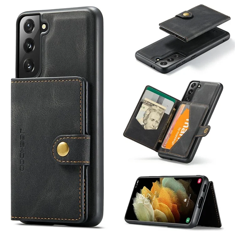 JEEHOOD Carteira Magnética Design Destacável 2 em 1 Revestida de Couro TPU Case para Samsung Galaxy S21 4G/5G - Preto