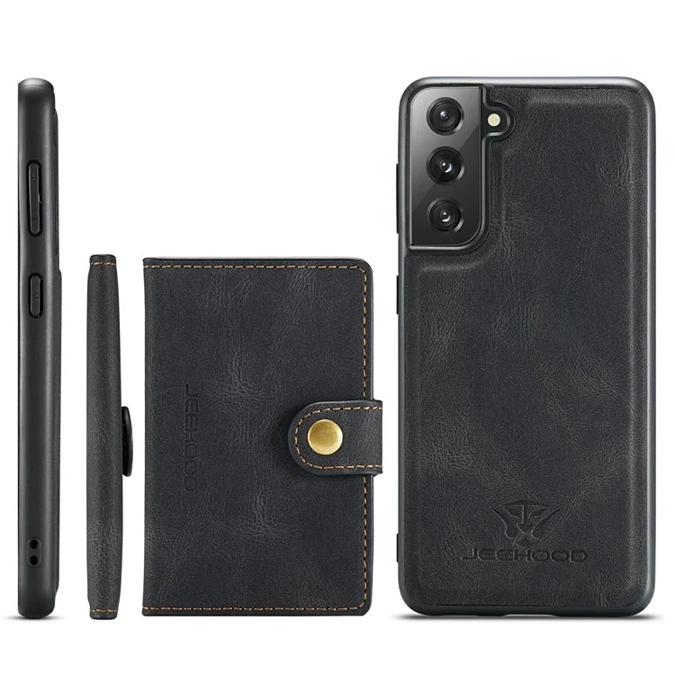 JEEHOOD Carteira Magnética Design Destacável 2 em 1 Revestida de Couro TPU Case para Samsung Galaxy S21 4G/5G - Preto