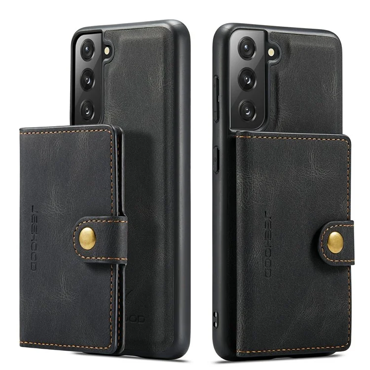 JEEHOOD Carteira Magnética Design Destacável 2 em 1 Revestida de Couro TPU Case para Samsung Galaxy S21 4G/5G - Preto