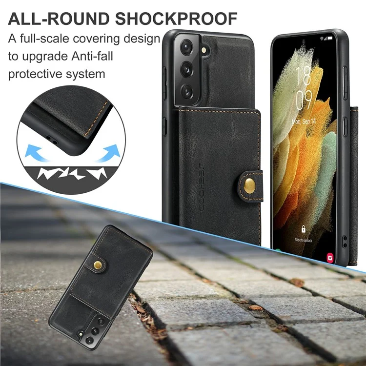 JEEHOOD Carteira Magnética Design Destacável 2 em 1 Revestida de Couro TPU Case para Samsung Galaxy S21 4G/5G - Preto