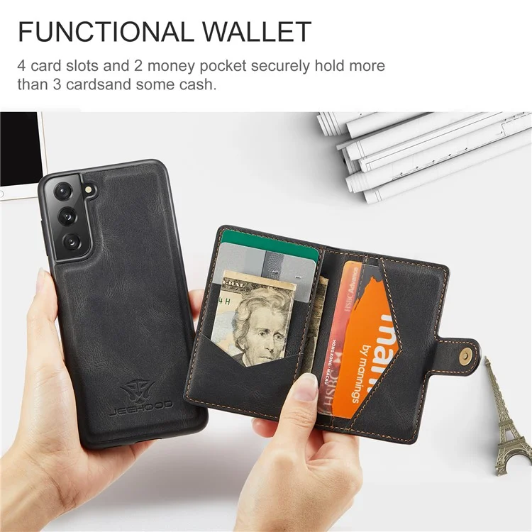 JEEHOOD Magnetic Wallet Design Detachable 2 in 1 Leather Coated TPU Case for Samsung Galaxy S21 4G/5G - Black