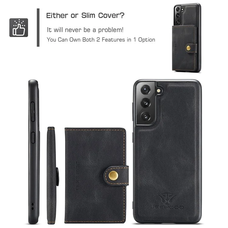 JEEHOOD Carteira Magnética Design Destacável 2 em 1 Revestida de Couro TPU Case para Samsung Galaxy S21 4G/5G - Preto