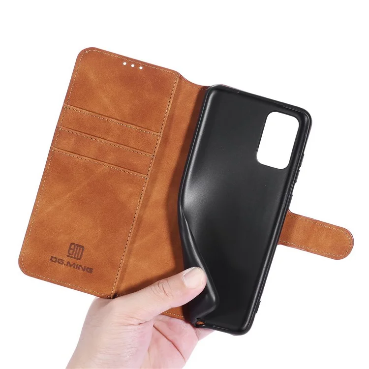 DG.MING Retro Style Phone Case for Samsung Galaxy A52 4G/5G / A52s 5G Scratch-resistant Leather Wallet Stand Shell - Brown