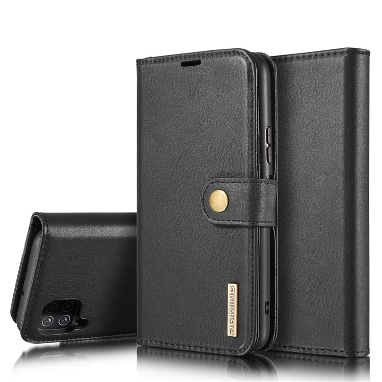 DG.MING Cover for Samsung Galaxy A12 Detachable 2-in-1 Anti-scratch Split Leather Wallet Shell + PC Back Case - Black