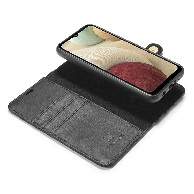 DG.MING Hülle für Samsung Galaxy A12 Abnehmbare 2-in-1 Kratzfeste Split-Leder Brieftasche Schale + PC Rückenschale - Schwarz