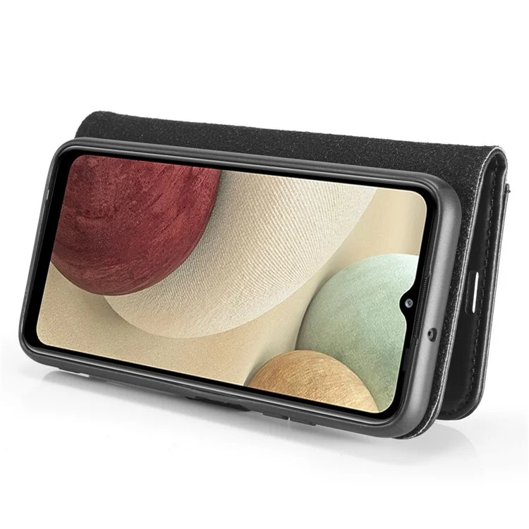 DG.MING Hülle für Samsung Galaxy A12 Abnehmbare 2-in-1 Kratzfeste Split-Leder Brieftasche Schale + PC Rückenschale - Schwarz