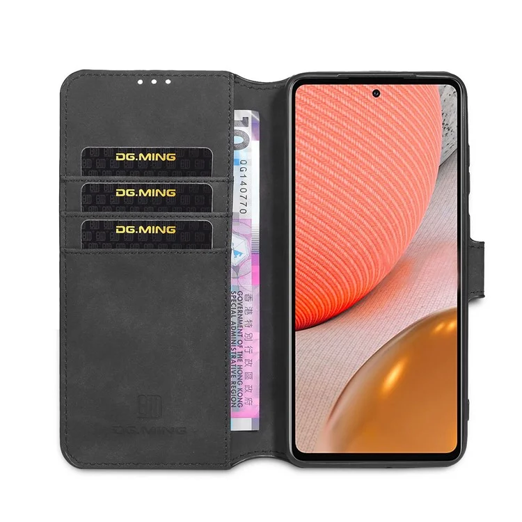 DG.MING For Samsung Galaxy A72 5G / A72 4G Shockproof Phone Case Retro Leather Wallet Stand Flip Cover - Black