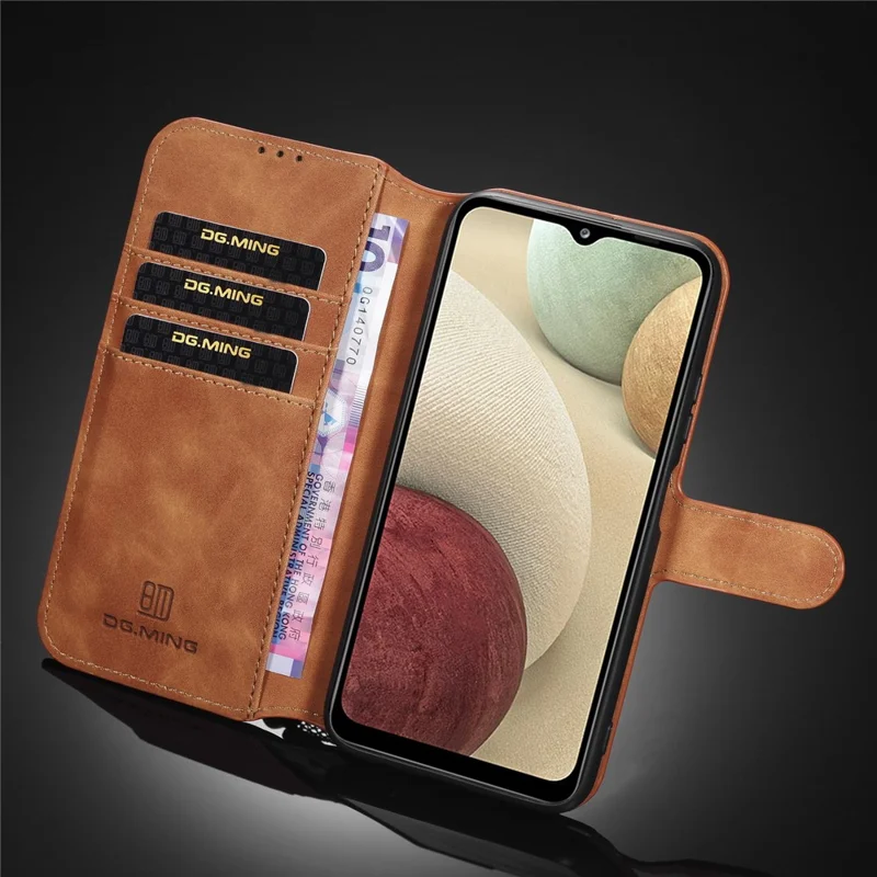 Futeral portfelowy DG.MING w retro stylu do Samsung Galaxy A12, skórzana obudowa ze stojakiem - brązowy