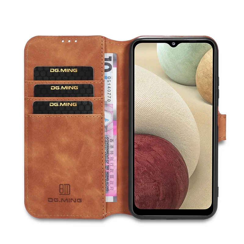 Futeral portfelowy DG.MING w retro stylu do Samsung Galaxy A12, skórzana obudowa ze stojakiem - brązowy