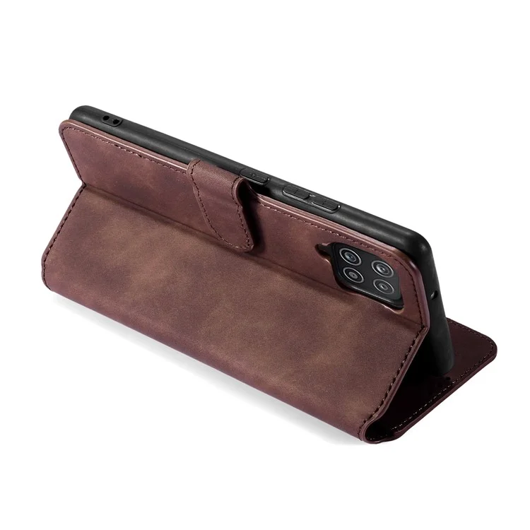 DG.MING Estilo Retrô para Samsung Galaxy A12 Case Leather Wallet Stand Shell - Café