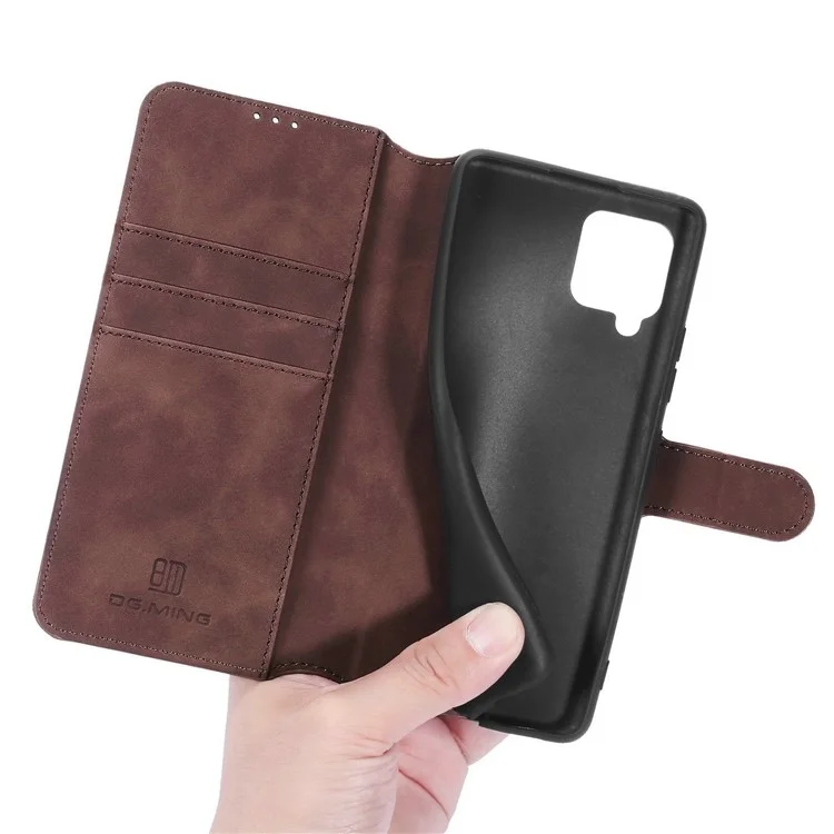 DG.MING Estilo Retrô para Samsung Galaxy A12 Case Leather Wallet Stand Shell - Café
