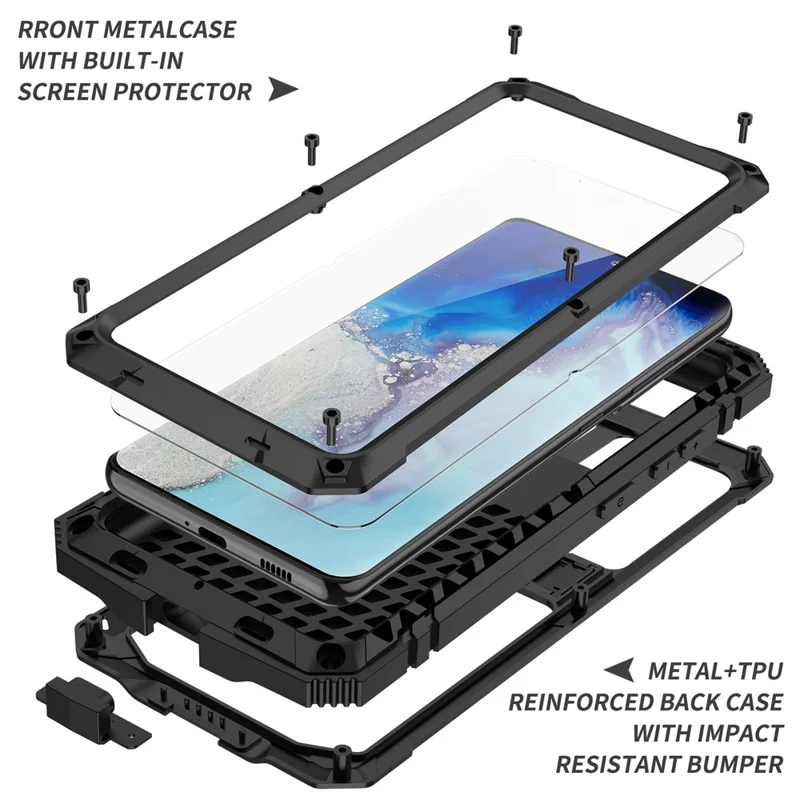 R-JUST Shockproof Dustproof Kickstand TPU+Metal Protector Cover Kickstand Shell for Samsung Galaxy S21 Ultra 5G - Black