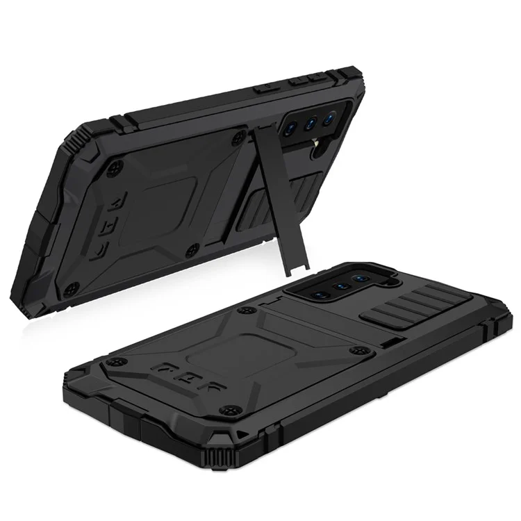 R-just Schockdestaudsicherer Kickstand Tpu+metallschutz Cover Kickstand Shell Für Samsung Galaxy S21 4G/5G - Schwarz