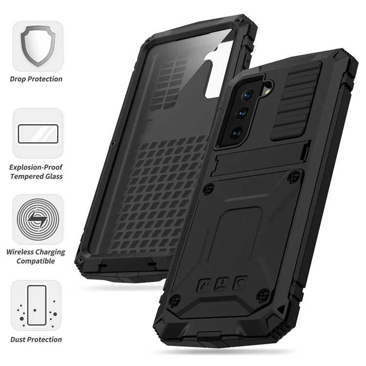 R-JUST Shockproof Dustproof Kickstand TPU+Metal Protector Cover Kickstand Shell for Samsung Galaxy S21 4G/5G - Black