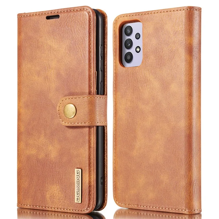 DG.MING Detachable Design Phone Shell PC Split Leather Case Covering for Samsung Galaxy A32 5G / M32 5G - Brown