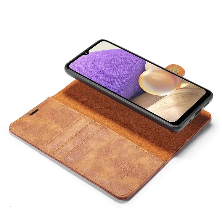 DG.MING Detachable Design Phone Shell PC Split Leather Case Covering for Samsung Galaxy A32 5G / M32 5G - Brown