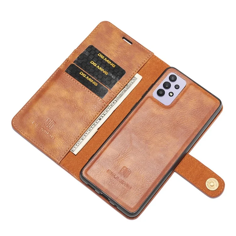 DG.MING Detachable Design Phone Shell PC Split Leather Case Covering for Samsung Galaxy A32 5G / M32 5G - Brown
