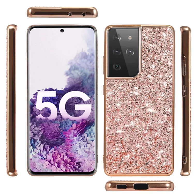 Paillettes Scintillanti Design Placcato Telaio TPU + Custodia A Conchiglia Ibrida Per PC Per Samsung Galaxy S21 Ultra 5G - Oro Rosa