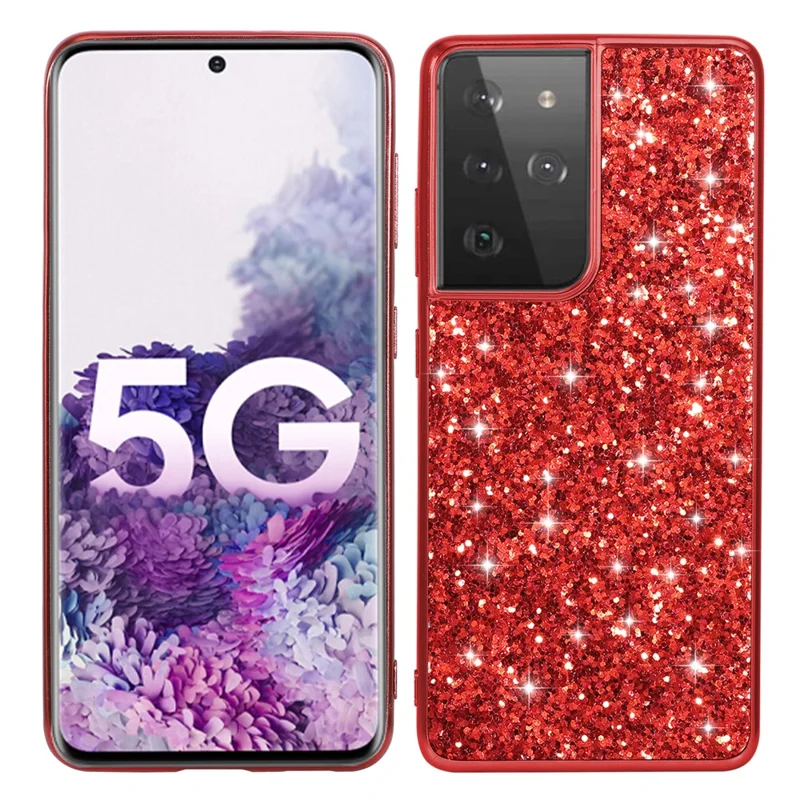 Glittering Sequins Design Plated TPU Frame + PC Hybrid Shell Case for Samsung Galaxy S21 Ultra 5G - Red