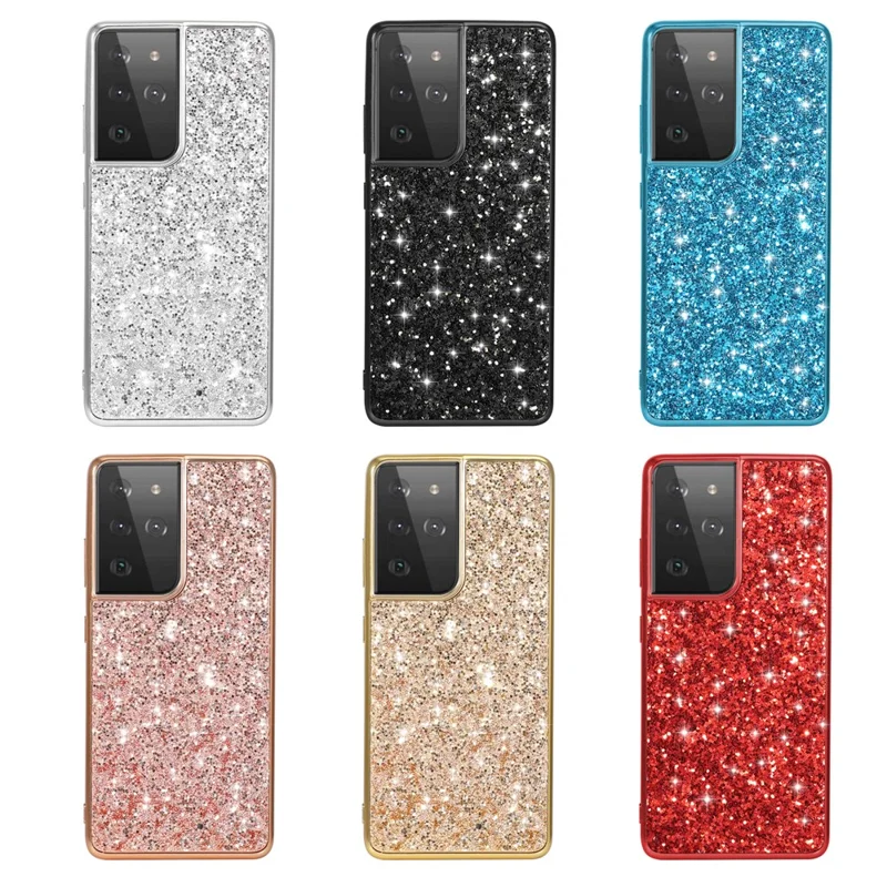 Glittering Sequins Design Plated TPU Frame + PC Hybrid Shell Case for Samsung Galaxy S21 Ultra 5G - Red