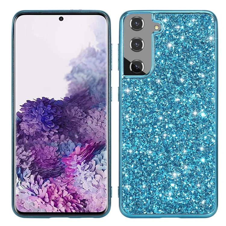 Diseño de Lentejuelas Brillantes de Diseño TPU Plateado + Case de Carcasa Híbrida de PC Para Samsung Galaxy S21 4G/5G - Azul