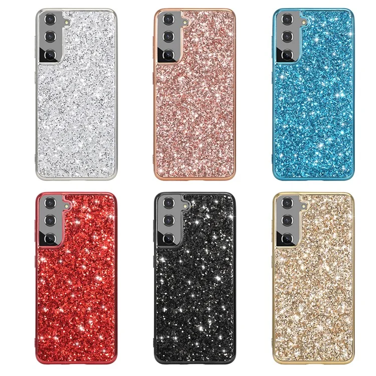 Diseño de Lentejuelas Brillantes de Diseño TPU Plateado + Case de Carcasa Híbrida de PC Para Samsung Galaxy S21 4G/5G - Azul