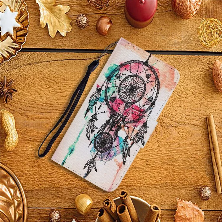 Pattern Printing TPU + PU Leather Wallet Stand Phone Case with Lanyard for Samsung Galaxy A12 - Dream Catcher