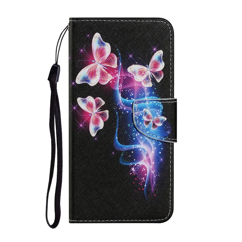 Pattern Printing TPU + PU Leather Wallet Stand Phone Case with Lanyard for Samsung Galaxy A72 5G / A72 4G - Glittery Butterfly