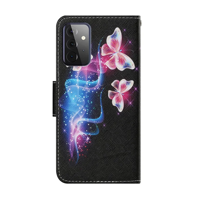 Pattern Printing TPU + PU Leather Wallet Stand Phone Case with Lanyard for Samsung Galaxy A72 5G / A72 4G - Glittery Butterfly