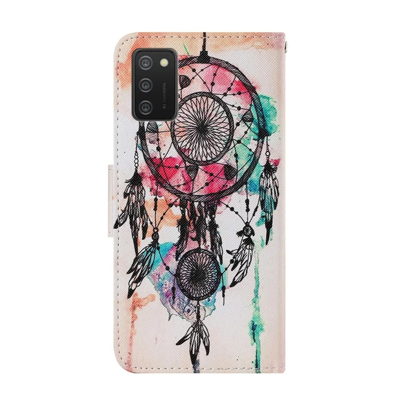 Pattern Printing TPU + PU Leather Wallet Stand Phone Case with Lanyard for Samsung Galaxy A02s (164.2mm) - Dream Catcher