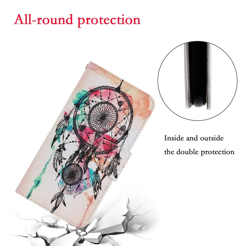 Pattern Printing TPU + PU Leather Wallet Stand Phone Case with Lanyard for Samsung Galaxy A02s (164.2mm) - Dream Catcher