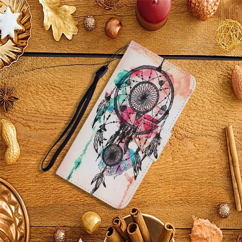 Pattern Printing TPU + PU Leather Wallet Stand Phone Case with Lanyard for Samsung Galaxy A02s (164.2mm) - Dream Catcher