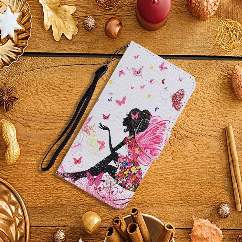 Pattern Printing TPU + PU Leather Wallet Stand Phone Case with Lanyard for Samsung Galaxy A02s (164.2mm) - Beauty
