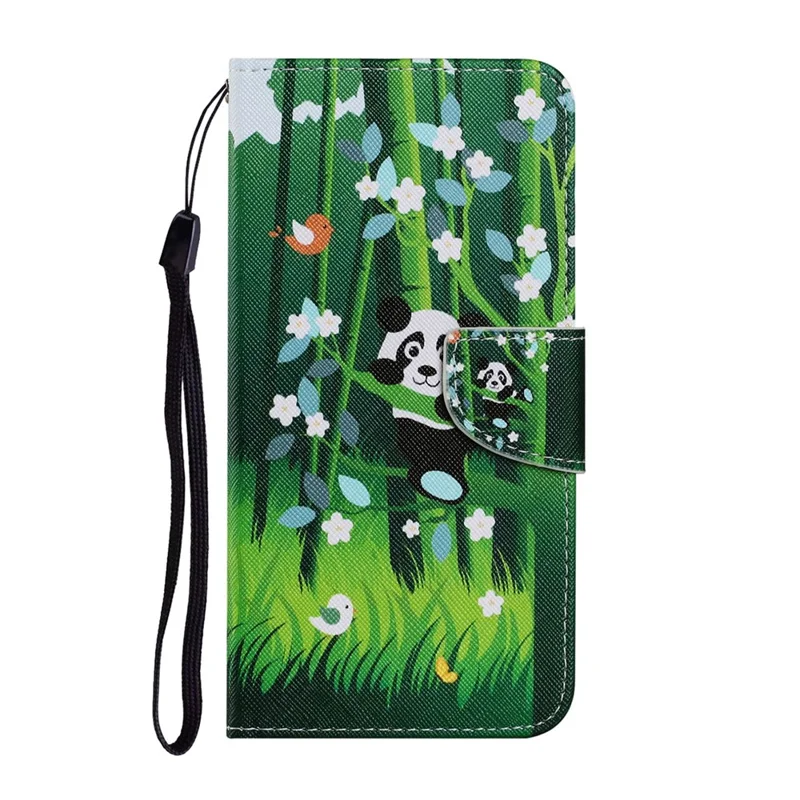 Pattern Printing TPU + PU Leather Wallet Stand Phone Case with Lanyard for Samsung Galaxy A02s (164.2mm) - Panda