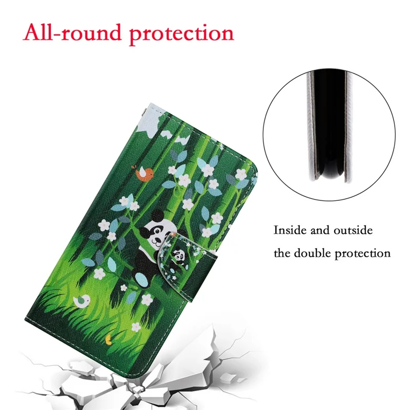 Pattern Printing TPU + PU Leather Wallet Stand Phone Case with Lanyard for Samsung Galaxy A02s (164.2mm) - Panda