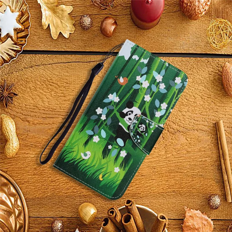 Pattern Printing TPU + PU Leather Wallet Stand Phone Case with Lanyard for Samsung Galaxy A02s (164.2mm) - Panda