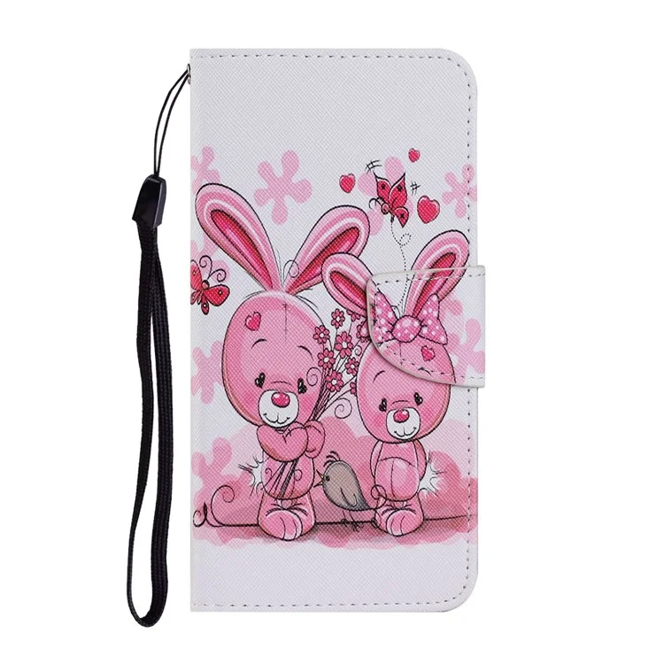 Pattern Printing TPU + PU Leather Wallet Stand Phone Case with Lanyard for Samsung Galaxy A02s (164.2mm) - Rabbit