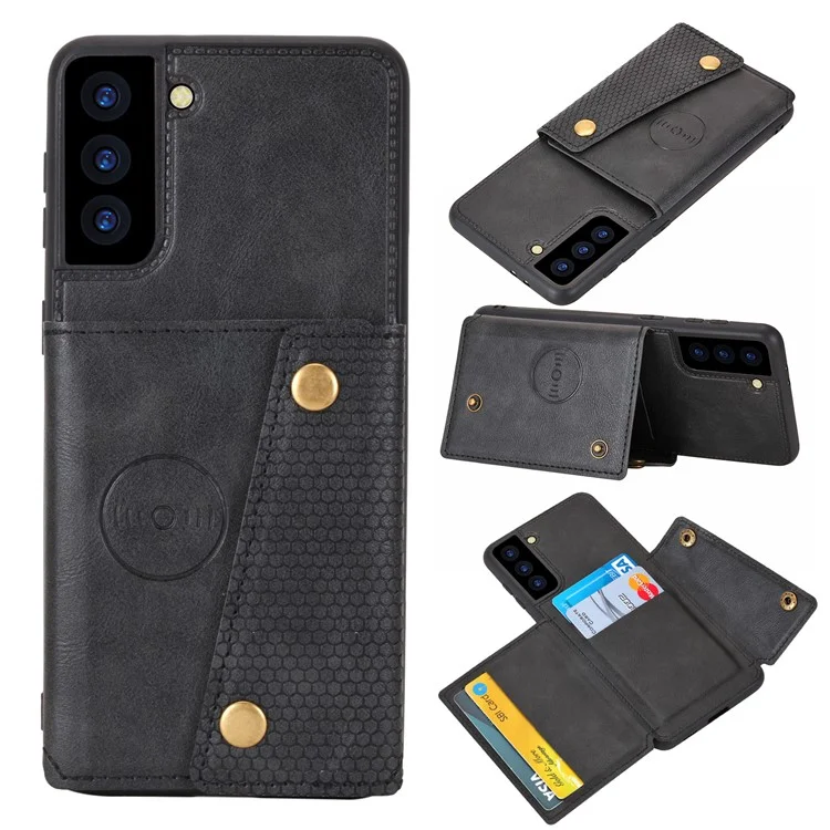 Pour Samsung Galaxy S21 4G/5G Fentes pour cartes Design avec béquille Revêtement en cuir PU Coque en TPU [Feuille magnétique pour véhicule intégrée] - Noir