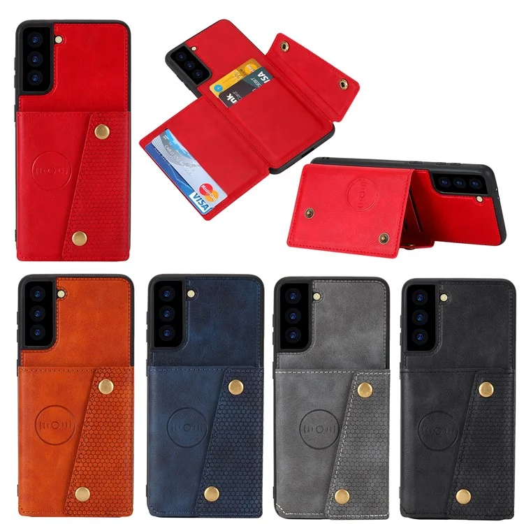 Für Samsung Galaxy S21 4g/5g-karten-slots Kickstand-design PU Lederbeschichtete Tpu-shell-hülle [eingebautes Fahrzeugmagnetblatt] - Schwarz