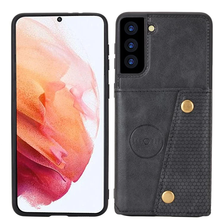 Pour Samsung Galaxy S21 4G/5G Fentes pour cartes Design avec béquille Revêtement en cuir PU Coque en TPU [Feuille magnétique pour véhicule intégrée] - Noir