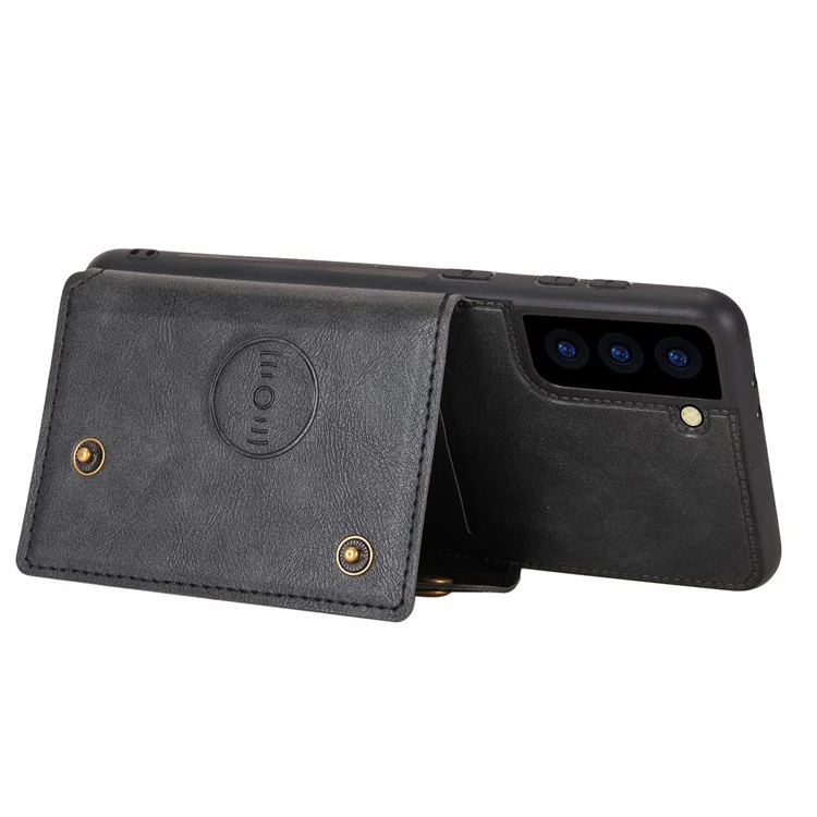 Pour Samsung Galaxy S21 4G/5G Fentes pour cartes Design avec béquille Revêtement en cuir PU Coque en TPU [Feuille magnétique pour véhicule intégrée] - Noir