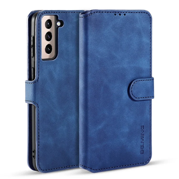 DG.MING Retro Style Leather Protector Case for Samsung Galaxy S21+ 5G Stand Cover - Blue