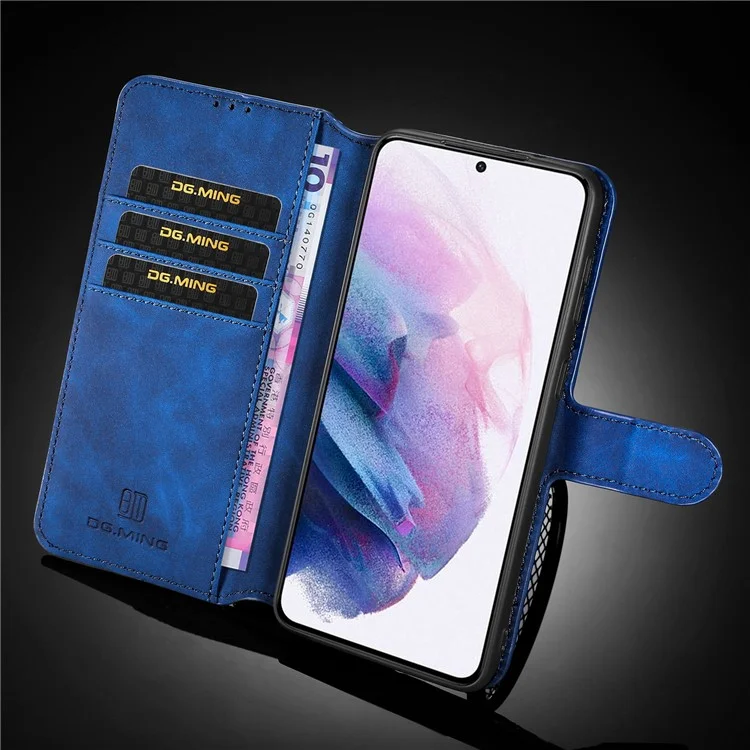 DG.MING Retro Style Leather Protector Case for Samsung Galaxy S21+ 5G Stand Cover - Blue