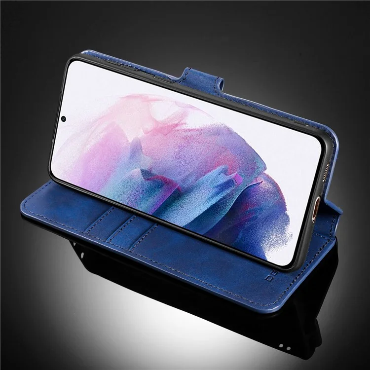 DG.MING Retro Style Leather Protector Case for Samsung Galaxy S21+ 5G Stand Cover - Blue