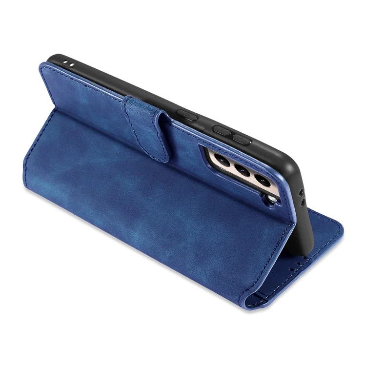 DG.MING Retro Style Leather Protector Case for Samsung Galaxy S21+ 5G Stand Cover - Blue