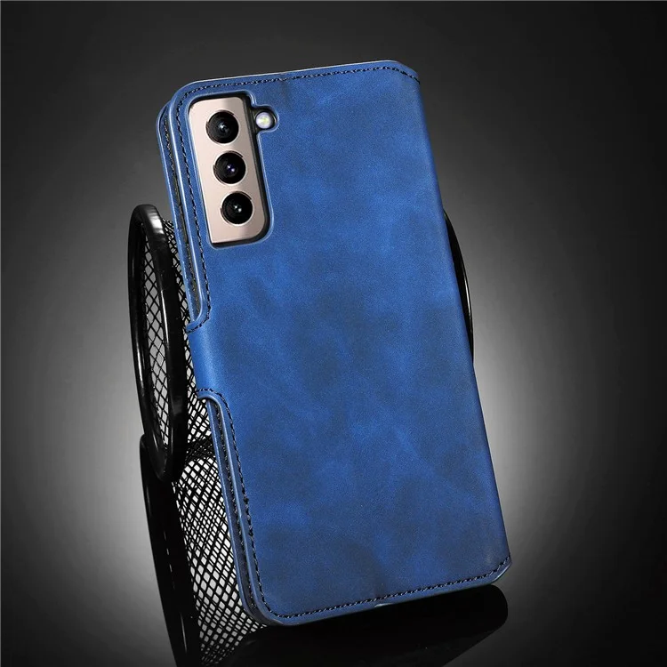 DG.MING Retro Style Leather Protector Case for Samsung Galaxy S21+ 5G Stand Cover - Blue