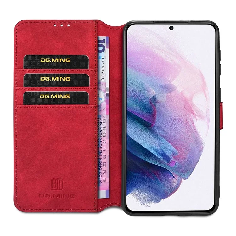 Дг. Ming Retro Style Ceather Protector Case Для Samsung Galaxy S21+ 5G Cover Stand - Красный