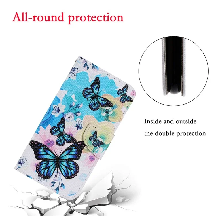 Pattern Printing Design PU Leather Wallet Phone Stand Case with Strap for Samsung Galaxy A32 5G/M32 5G - Blue Butterfly