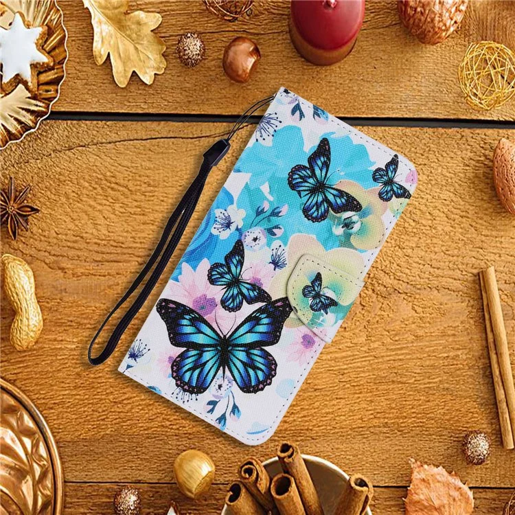 Pattern Printing Design PU Leather Wallet Phone Stand Case with Strap for Samsung Galaxy A32 5G/M32 5G - Blue Butterfly